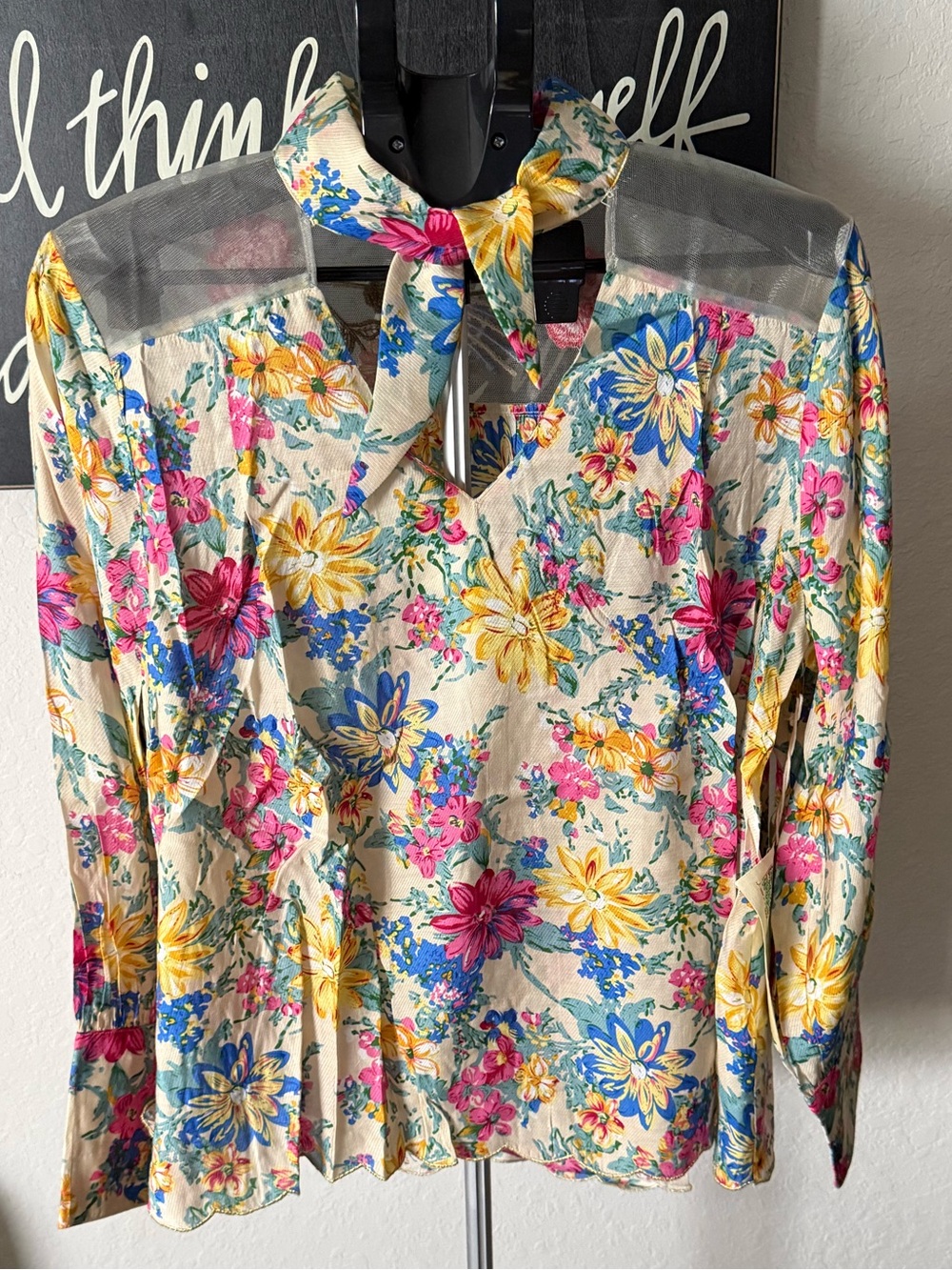 Aratta Floral Tie-Neck Blouse in Cream with Pink, Yellow & Blue Flowers NWT